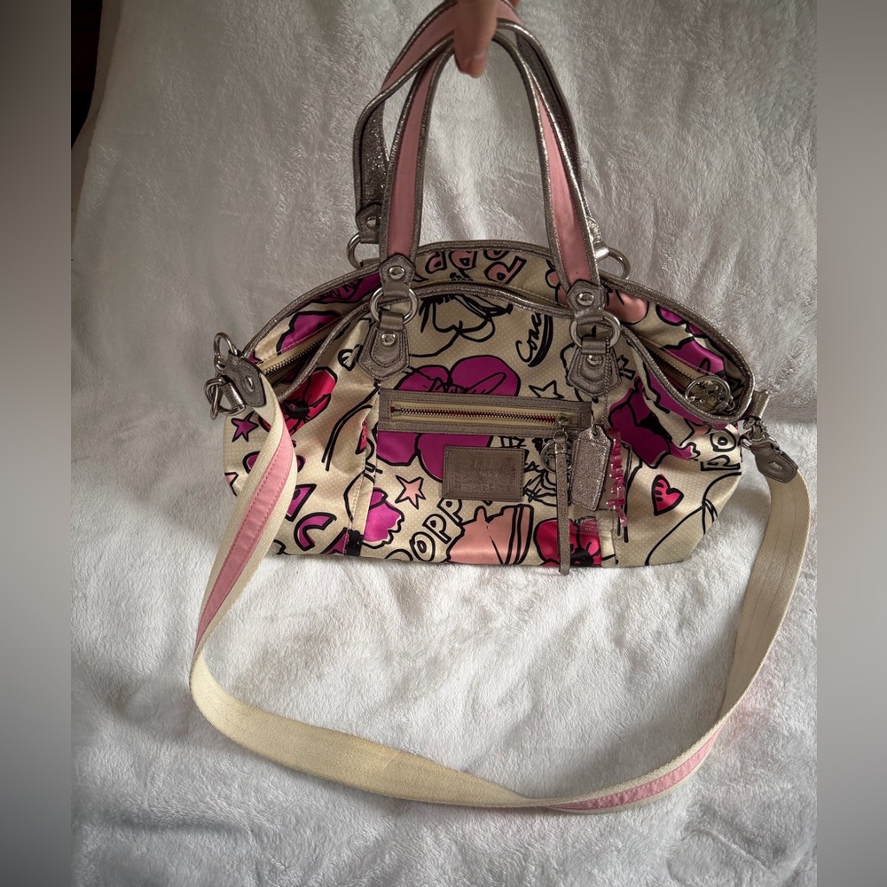 Coach Poppy Petal Print Lurex Rocker Hand Bag Crossbody Bag Strap #16308 EUC - Picture 4 of 11
